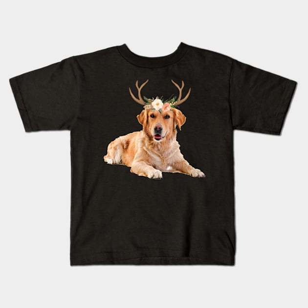 Golden Retriever Dog Reindeer Antlers Funny Christmas Shirt Kids T-Shirt by BUBLTEES